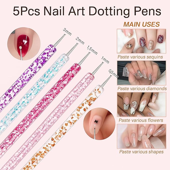 JEONEKID 12Pcs Uv Gel Nail Brush and Dotting Pen Set – 7pcs Nail Art Brushes (No.2-14) + 5 Double-End Dotting Tools for Acrylic, Gel Polish, DIY Manicure Design