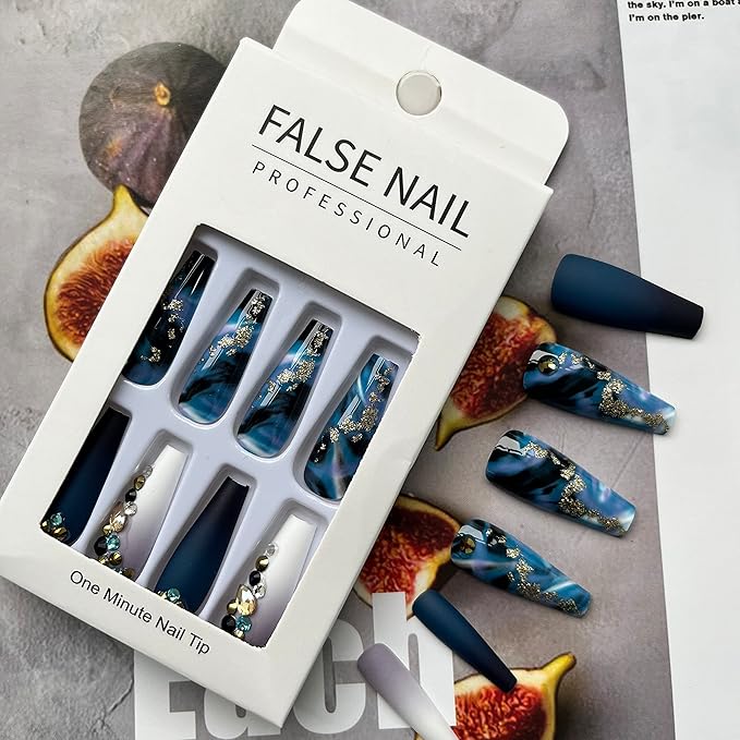 Long Press on Nails Navy Blue Coffin Fake Nails French Marble False Nails with Glitter Designs Rhinestones Glue on Nail Matte Stick on Artificial Nails for Women 24Pcs