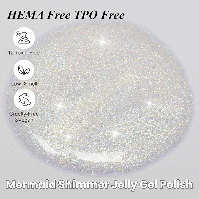 YTD Likomey Pearlescent Glitter Gel Nail Polish,Mermaid Glitter 15ml Nude White Jelly Sheer Translucent Neutral Iridescent Colorful Shimmer Salon Home DIY Nails Art Manicure UV Nail Varnish,LS387