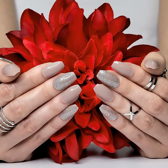 Hypnaughty 24 Pcs Beige Ballerina Press On Nails with Glue Medium Short Length Fake Nails with Glitter Design Glossy Acrylic Press On Nails Full Cover (Beige)