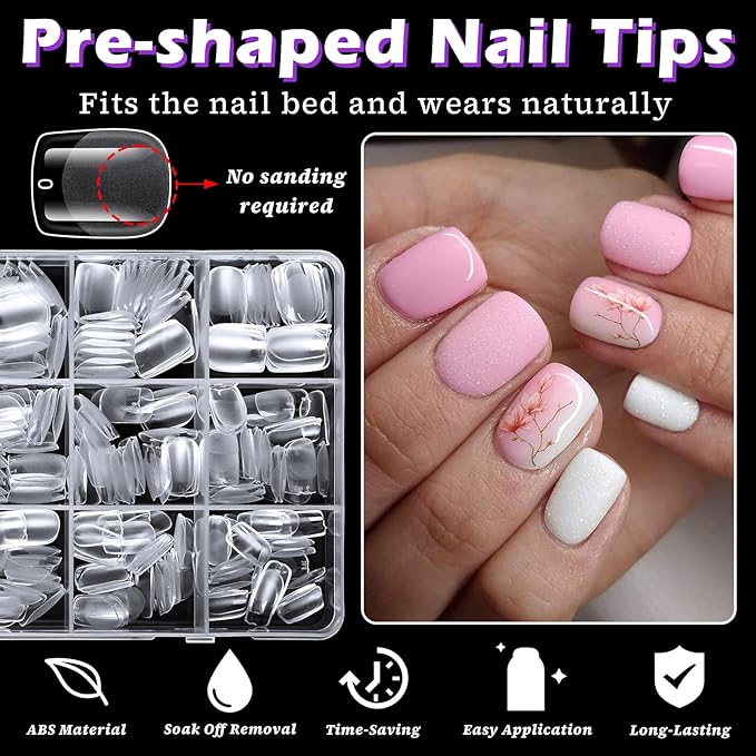 LoveOurHome 360pc Extra Short Square Nail Tips Clear Fake Nails XS Square Gel Nail Tips Full Cover Acrylic Nails Clear Press on Nails Short False Nail 15 Sizes Fingernails for Gel Nail Extension