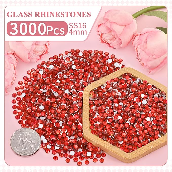 3000PCS SS16/4mm Crystal Rhinestones (Light Red/Light Siam) with 2Pcs 10ml B7000 Jewelry Glue, Bedazzling Flatback Glass Rhinestones for Crafting, Gems Diomand for Tumbler Shoes Clothing Nail Art