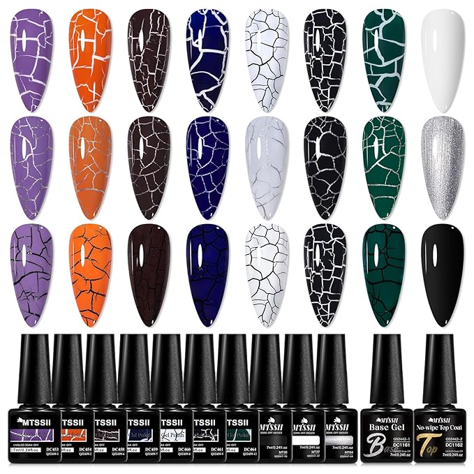 MTSSII 12pc Crackle Gel Nail Polish Set - 7 Colors, White, Silver, Black + Quick Dry Nail Art Kit