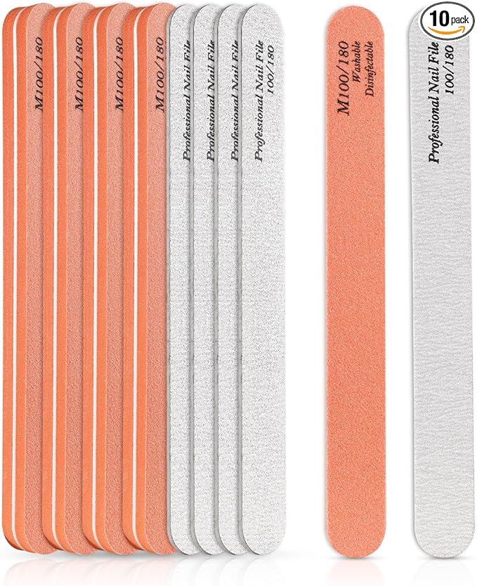 BALUCA 10-Pack Professional Nail Files & Buffers for Acrylic & Natural Nails | Double-Sided 100/180 Grit Emery Boards | Reusable Salon-Grade Nail Filer & Shine Kit for Women & Pets (Orange)