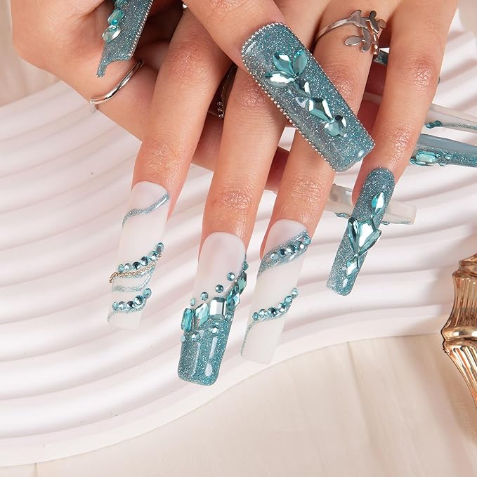 LOVFUL Press on Nails Breakfast at| Handmade with Full Covered Crystals| Reusable Fake Nails| Square Mid length 1.7in| H41-S