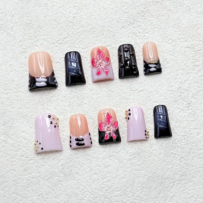 10 Pcs Handmade Duck Press on Nails 3D Art Flower Fake Nails with Golden Pearl Design Reusable Artificial Acrylic False Nail for Women Girls DIY（Size M)