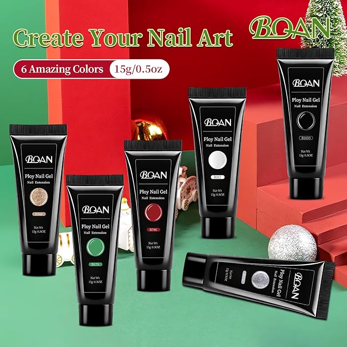 Poly Nail Gel Kit by BQAN - 6 Colors | Professional Nail Extension Gel | 15ml Each Low Odor Formula for DIY Nails | 28-Day Wear Christmas Red Black Gold Gitter