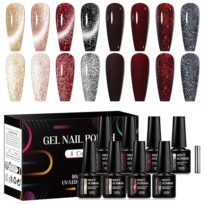 MEET ACROSS 8pcs Gel Nail Polish Set, Soak off UV LED Lamp Gel Nail Polish Cat Eye Set Home Gel Manicure Kit 7ml (Cat Eye + color Gel-4)