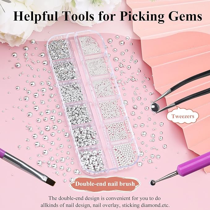 Silver Caviar Nail Beads and Nail Pearls, Mixed Size Half Round Flatback Pearl Silver Balls Nail Charms for Nails with Pickup Tools for Nails Face Eyes Makeup(33-K1-6)