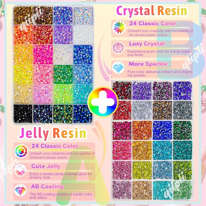 48 Color 5mm SS20 Jelly AB & Crystal Colorful Resin Rhinestones for Bedazzling Crafting Flatback Stones Gems Diamonds Bedazzler Kit for Nails Eyes Face Makeup Tumblers Bottles DIY Crafts Shoes