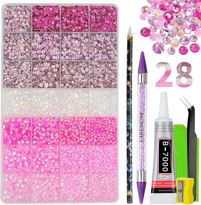 Resin Jelly Rhinestones for Bedazzling, EARLMONI Multi Colord Bedazzler Kit with 15ml B7000 Rhinestone Glue Rhinestone Pen Tool for Clothes Nail Art (Pink, 3/4/5/6MM)