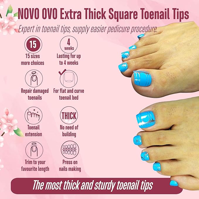 NOVO OVO Thick Sculpted Toe Nail Tips Long Tapered Square Press on, Wide Soak off Soft Gel False Toenail Extension, Clear Pre-applied Tip Primer & Base Coat, Full Cover Acrylic DIY 15 Sizes 360 pcs