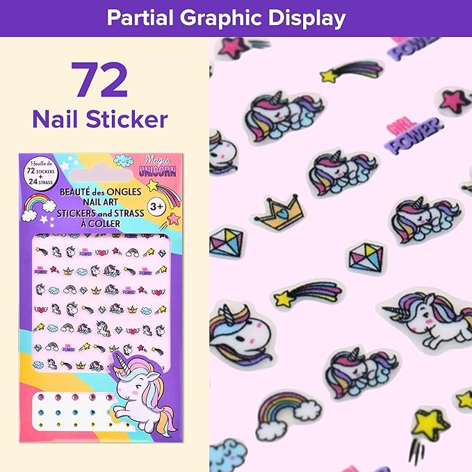 Unicorn Nail Stickers – 1 Sheet with 72 Stickers + 24 Rhinestones – Self-Adhesive Nail Art for Girls – Fun Activity & Gift Idea for Birthdays, Crafts, Party Bags and Playdates