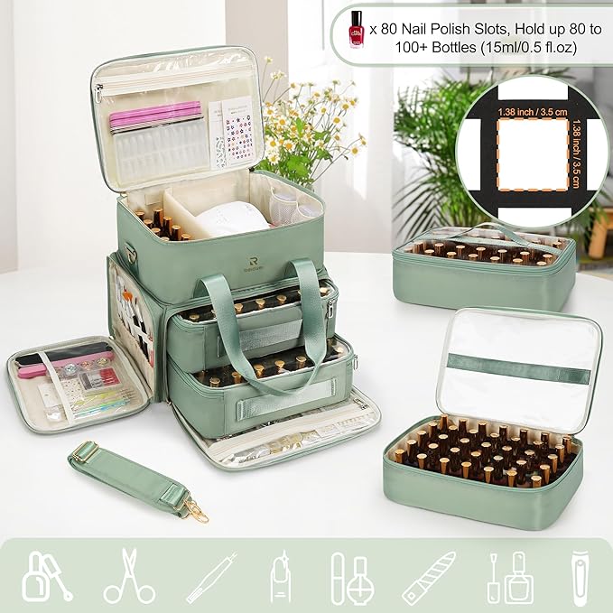 Relavel Nail Polish Organizer, Double Layer Nail Bag Holds 80-100 Bottles (15ml/0.5fl.oz) & Nail Lamp Nail Kit Storage Case, Extra Large Travel Nail Supplies Shoulder Bag for Manicure Tools (Green)