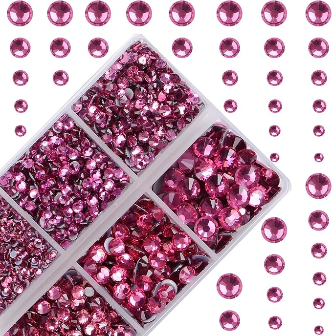 4000Pcs Mixed Size Hot Fix Round Crystals Gems Glass Stones Hotfix Flat Back Rhinestones (Fuchsia)
