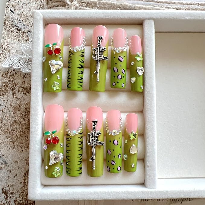NAIL ANGEL 10PCS/SET Handmade Press on nails Metal Glitter Rhinestone Green Leopard Prints Crystal Cherry Gem Long Coffin Nails Party Nails XXL Long Artifical Tips ZJ-07 (Multi-Color, ZJ07-M)