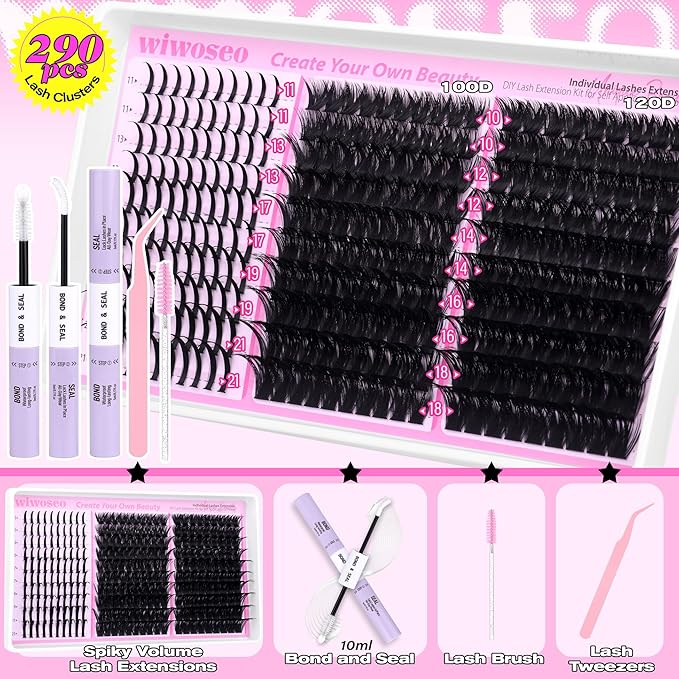 wiwoseo Lash Spikes Lash Clusters Kit Fairy Lash Clusters Eyelash Extensions Kit Spiky Eyelash Clusters Kit 100D+120D Fluffy Cluster Lashes Salon Lashes Clusters Kit with Clear Lash Bond and Seal