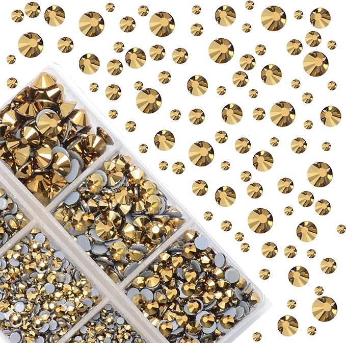 4000Pcs Mixed Size Hot Fix Round Crystals Gems Glass Stones Hotfix Flat Back Rhinestones (Mine Gold)