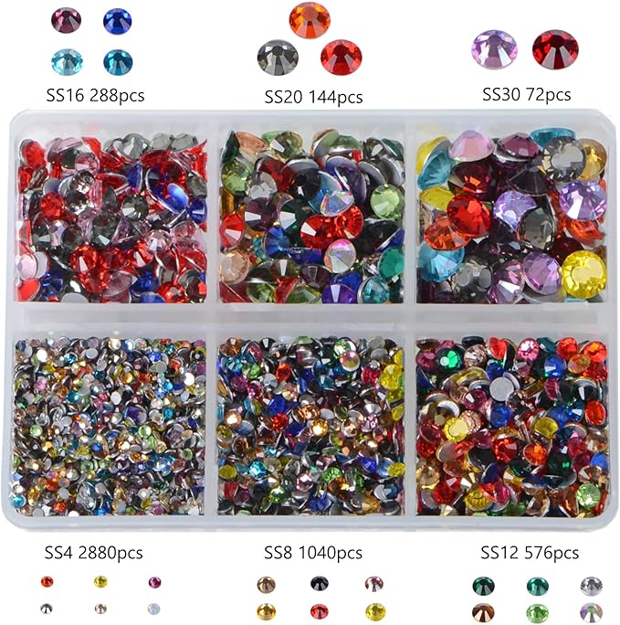 Bymitel 5000 Pieces 6 Mixed Sizes Glue Fix on Glass Rhinestones Round Crystal Gems Flatback for DIY Jewelry Making with one Picking Pen(Mix: SS4-SS30/5000PCS, Mixed Colors)
