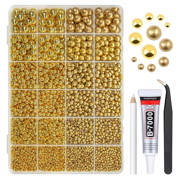 2 Styles Gold Flatback Pearls w B7000 Glue for Bedazzling Crafting 3mm-10mm Half Round Gems Beads Stones Bedazzler Kit for Nails Face Eyes Makeup Tumblers Bottles DIY Crafts Scrapbooking Shoes