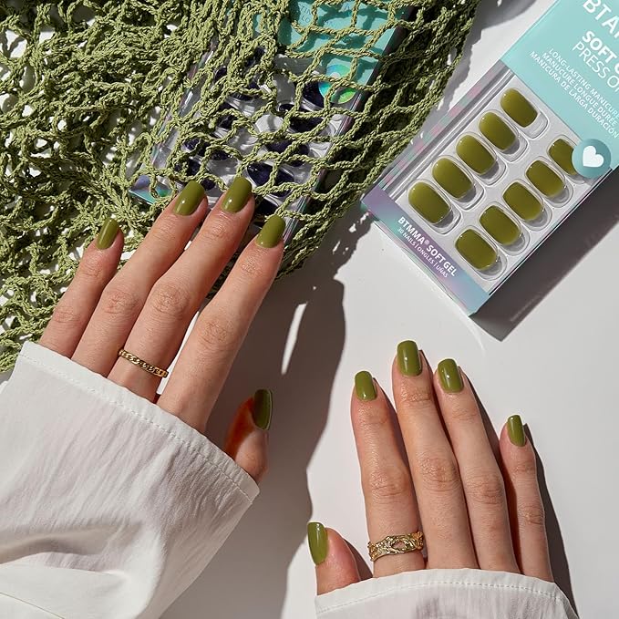 BTArtbox Press On Nails Short - Olive Green Squoval Press On Nails with Glue for Women, Opaque Soft Gel Glue On Nails in 15 Sizes - 30 Stick On Nails Kit, Moss Muse