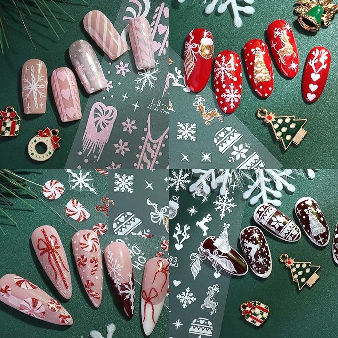 7 Sheets Christmas Nail Stickers Xmas Nail Design Decals - Snowflake,Bows,Candy Cane,Santa Tree Stickers with Pink,Red,Gold,Silver Glitter,Christmas DIY French Manicure Decor for Women Girls