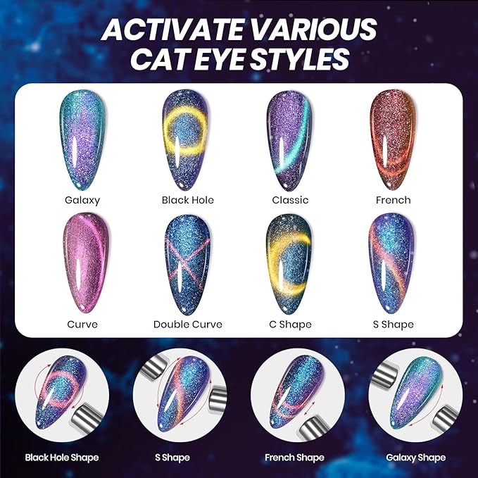 Beetles Cat Eye Gel Nail Polish Set - 6 Colors Chameleon Cat Eye Black Glitter Blue Pueple Pink Red Gel Polish with Magnet Soak Off UV Velvet Gel Galaxy Glitter Collection Salon Gift for Women