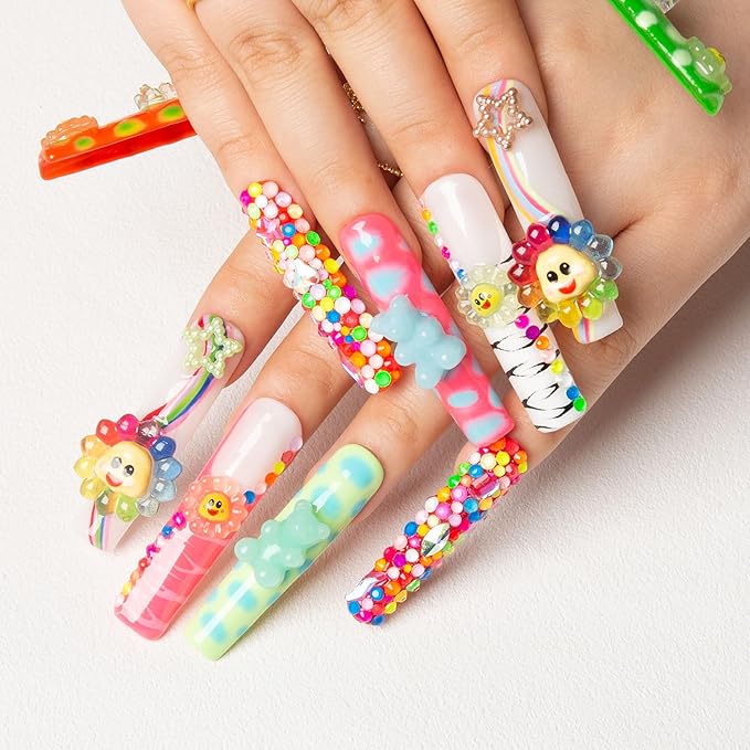 LOVFUL Handmade Press on Nails with Lovkashi Flower Design | Colorful Acrylic Stick On Nails | Reusable Full Cover Nails| Square Long 2.2 in | H65 (M)