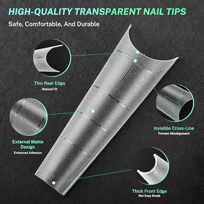 JODSONE Long Coffin Nail Tips Soft Gel Matte Half Cover Clear Gelly Press on Flase Nail Tips for Extension Nail Manicure 12 Sizes 360Pcs