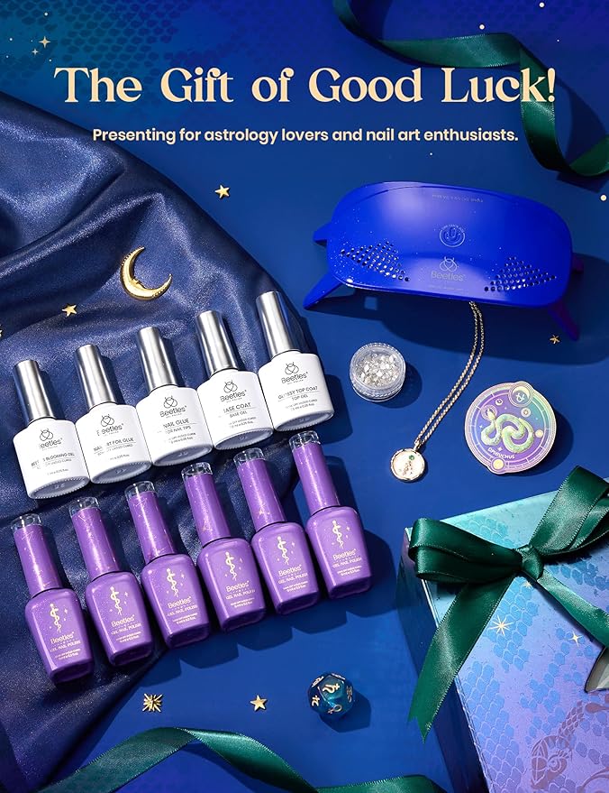 Beetles The Ophiuchus Sign Lucky Box, Ophiuchus Zodiac Gel Nail Polish Kit Nail Art Set Purple Green Gold Cat Eye Black White Gel Pink Jelly Base Top Coat Salon DIY Zodiac Gift for Women