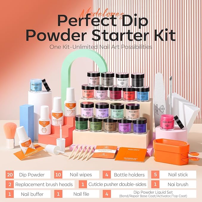 Modelones 20 Colors Dip Powder Nail Kit, Spring Summer Neon Orange Blue Black Pink Purple DIY Manicure Dipping Powder Kit Starter Set System with Activator Base Top Coat Gifts for Women