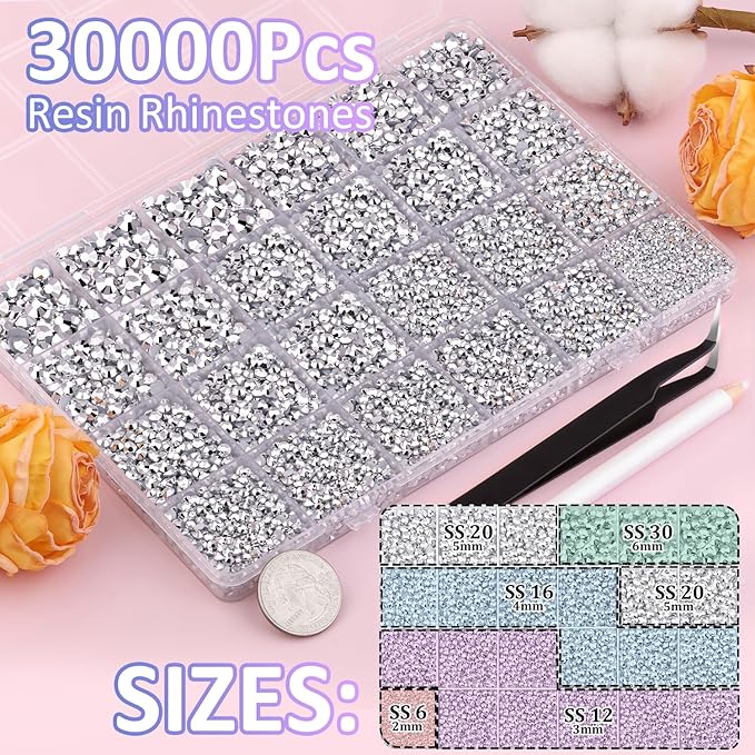 30000Pcs Silver Rhinestones for Bedazzling with B7000 Jewelry Glue, Bedazzler Kit Flatback Gems, Resin Rhinestones for Crafting Crafts Clothing Shoes Fabric Nail Art Assorted Size 2/3/4/5/6mm