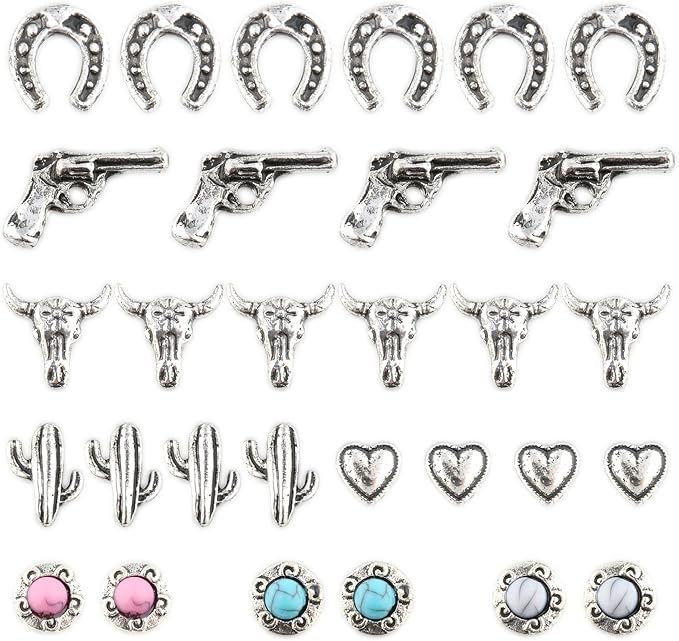 30 PCS Western Nail Charms - Retro Metal Cowboy Cowgirl Turquoise Nail Charms Western Stickers Decals Gems Decor, Vintage Turquoise Jewelry for DIY Crafts Art Accessories