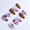 10 Pieces Handmade Press On Nails Medium Almond, Purple Thickened False Nails With Floral Decoration, Reusable Fake Nails Almond, Reusable Acrylic Nails (S)