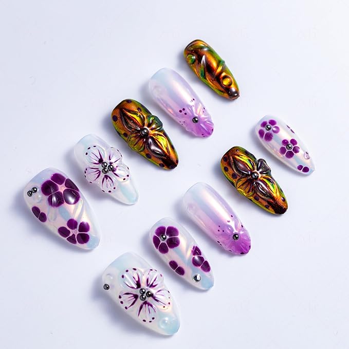 10 Pieces Handmade Press On Nails Medium Almond, Purple Thickened False Nails With Floral Decoration, Reusable Fake Nails Almond, Reusable Acrylic Nails (S)