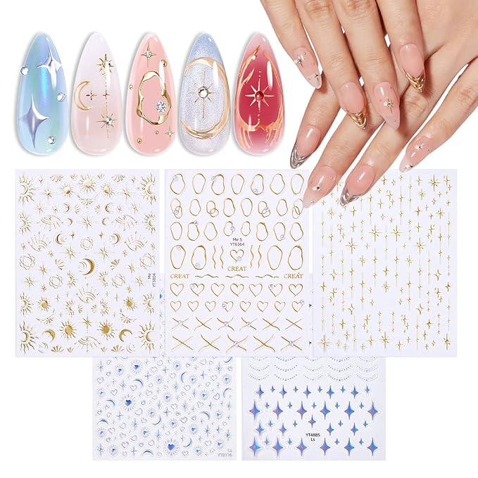 Modelones Gold Gel Polish Nail Stickers 3D Self-Adhesive Nail Decals Gold Line Star, Laser Heart & Star Sparkle, Moon Nail Art Holiday Christmas DIY Nail Stickers for Women & Kids 5Pcs