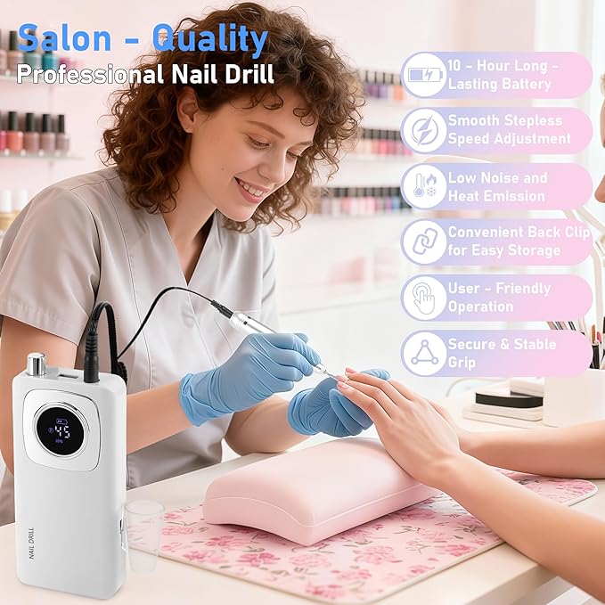 Portable Electric Nail Drill Professional 45000 RPM, Rechargeable Electric Nail File Machine Kit for Acrylic Gel Nails Polishing Removing, Quiet E-File with Bits for Manicure Salon Home