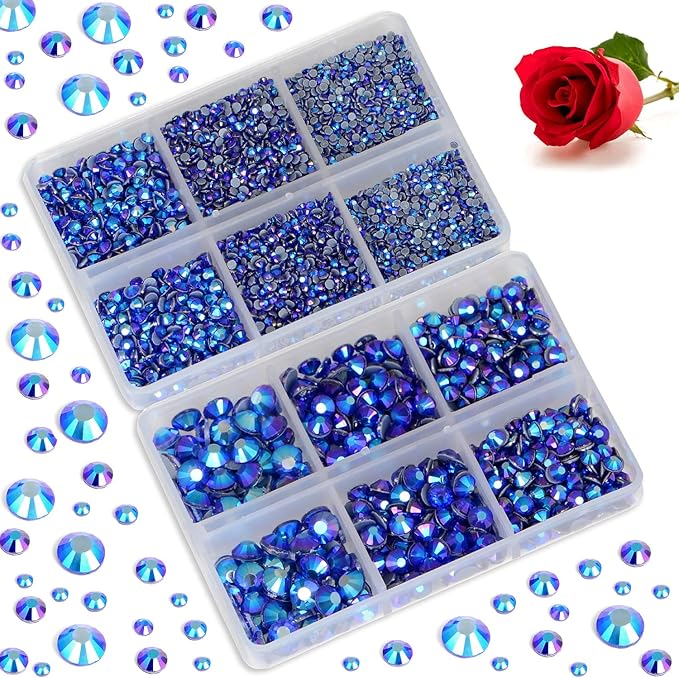 Bymitel Hotfix Crystal Rhinestones Round Gems for Crafts,Mixed 6 Sizes with Wax Pencil Kit, Sapphire AB 1.6-6.3mm SS4-SS30/8000pcs