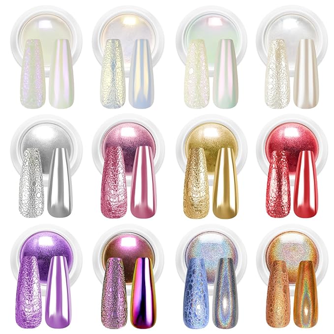 12 Pcs Chrome Nail Powder - Super Metallic Mirror Effect Holographic Aurora Iridescent White Pearl Chrome Nail Powder for Gel Nails DIY Gift for Women