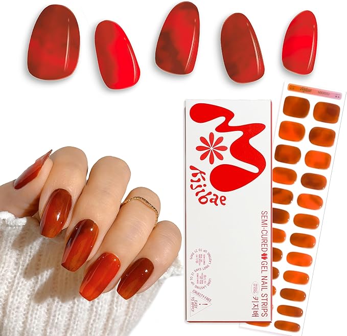 Semi Cured Gel Polish Strips | 24pc UV LED Required Wraps | Gift Peel and Stick Nails | Coquette DIY Home Manicure | Press On Alternative (Lava Gurl)