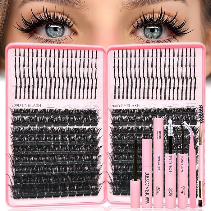 Lash Clusters Kit with Spikes, 200D+200D Eyelash Clusters Extensions Individual D Curl Fluffy Wispy False Eyelashes DlY Manga Lashes Extension Kit (12-22mm, Lash Clusters Kit)