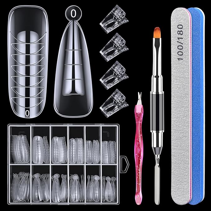 144 Pcs Nail Forms, MORGLES 2 Sizes Poly Extension Gel Dual Forms, Coffin Nails Extension with Stiletto Shape Molds, 10 Pcs Clips with Files for Home & Salon
