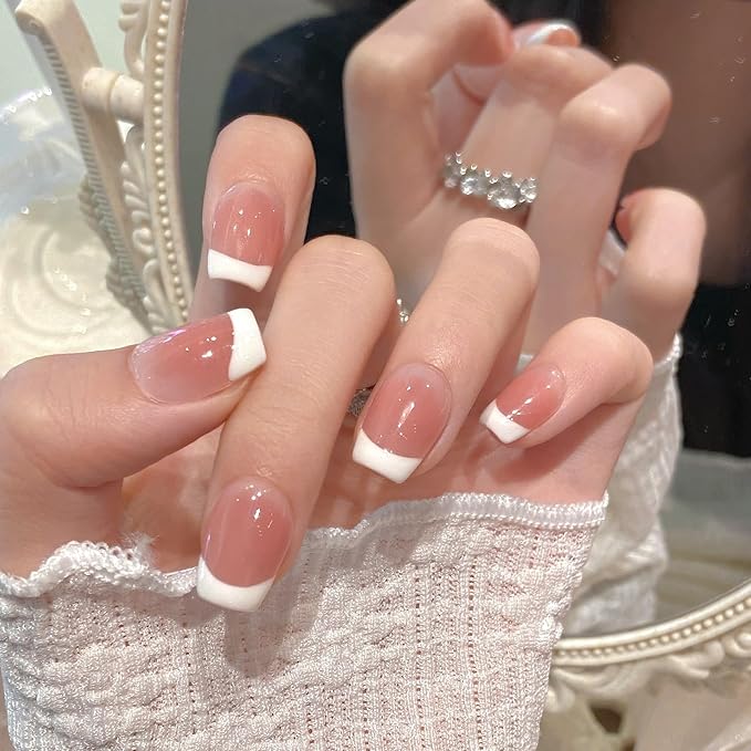 Short Square Press on Nails - Handmade Manicure Art Reusable False Nails 10pcs with Solid Nail Glue, Nail Adhesive Tabs, Strong Nail Glue (303-Medium)