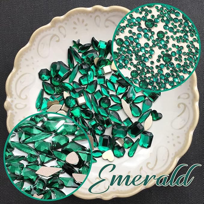 2052Pcs Emerald Green Nail Art Rhinestones Kit Green Nail Charms Multi Shapes Crystal Flatback Rhinestones Big Gems + Round Beads Glass Stones Diamonds jewels for Nails Faces Eyes Makeup Crafts