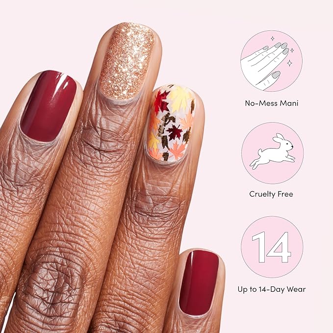 Dashing Diva Gloss Nail Strips - Fallen Leaves - UV Free, Chip Resistant, Long Lasting Gel Nail Stickers - 3-Piece Manicure Set - Contains 32 Wraps, 1 Prep Pad, 1 File