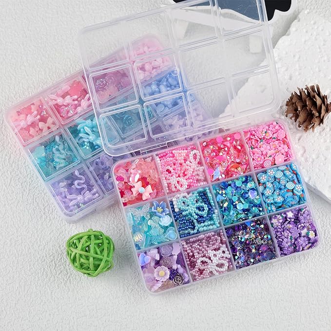 2050 Pieces 3D Butterfly Rose Flower Bow Rabbit Bear Nail Charms Kit with Nail Art Rhinestones Pearls Crystal Gems Nail Slices for Manicure DIY Crafts Jewelry Accessories (Pink Purple Blue)