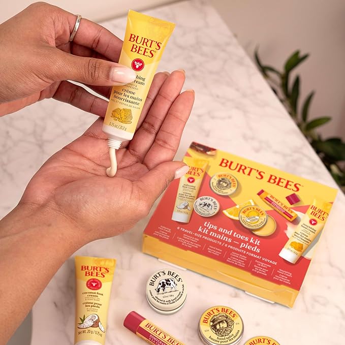 Burt's Bees Valentine's Day Gifts Ideas, Tips and Toes Kit, 6 Travel Size Products - Pomegranate Moisturizing Lip Balm, 2 Hand Creams, Foot Cream, Cuticle Cream, and Hand Salve