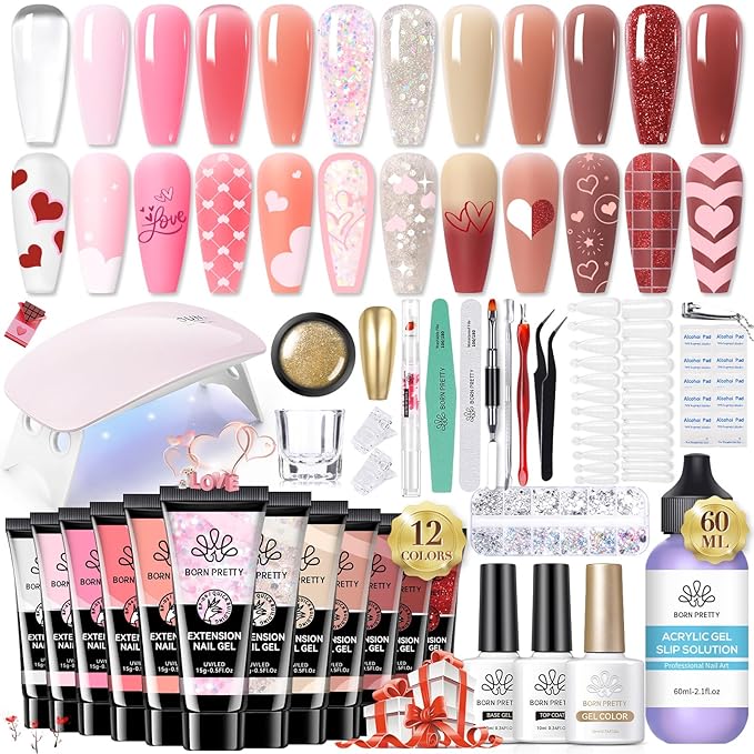 BORN PRETTY Poly Extension Gel Kit-12 Colors Extension Nail Gel Kit Nude Clear Jelly Pink All-In-1 Kit Builder Glue with Nail Lamp Base Top Coat Set Nail Forms French Manicure Ideal Gifts