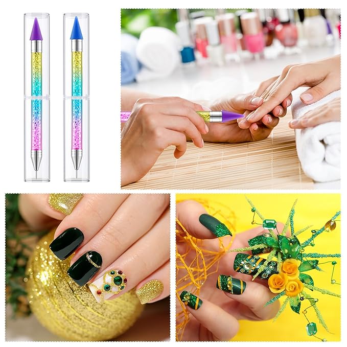 Tatuo 2 Pieces Rhinestone Picker Dotting Pen, Dual-ended Rhinestone Gems Crystals Studs Picker Wax Pencil Pen Crystal Beads Handle Manicure Nail Art DIY Decoration Tool (Colorful)