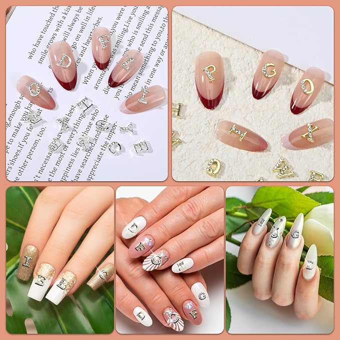 104 Pcs Rhinestone Letters Nail Charms, A-Z Alphabet 3D Nail Studs, Gold Silver Style Nail Art Charms for Manicure Decorations DIY Jewelry Making Supplies
